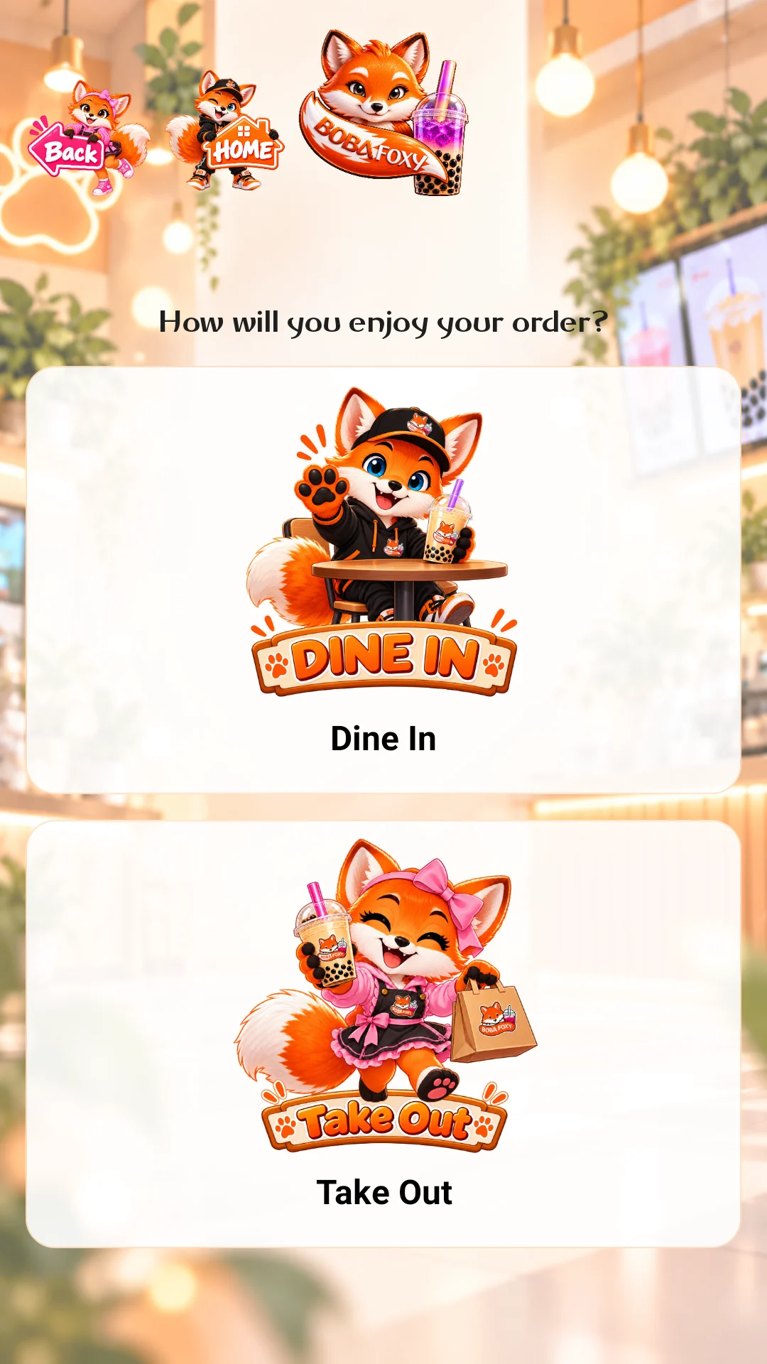 Boba Foxy kiosk start screen with Dine In and Take Out choices
